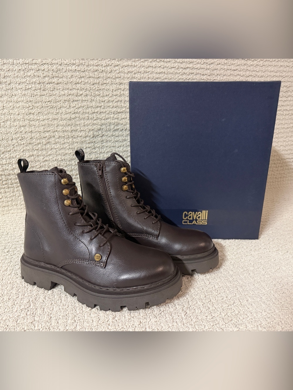 Cavalli Class Chocolate Brown Leather Combat Boots with Brass Accents